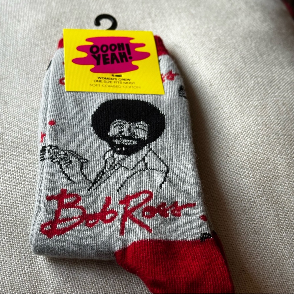 Women’s Oooh Yeah Bob Ross Gray and Red Crew Socks Fits Shoe 5-10 Brand New